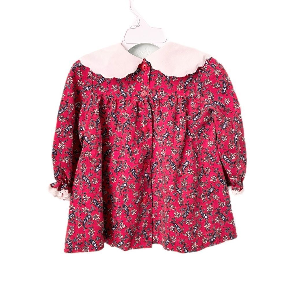 Vintage Little Bitty Red Paisley Baby Dress with White Collar in Size 24M - Picture 2 of 7